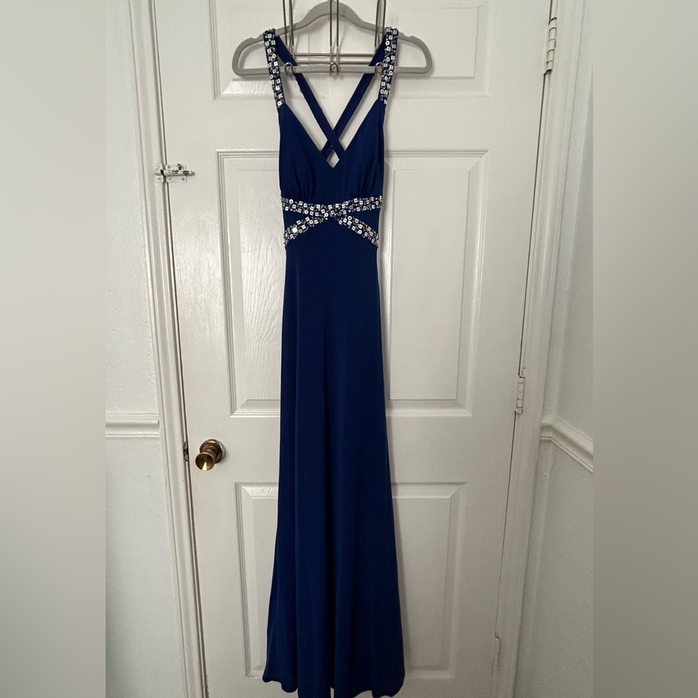 Morgan & Co.Royal blue Beaded Crisscross Evening Gown